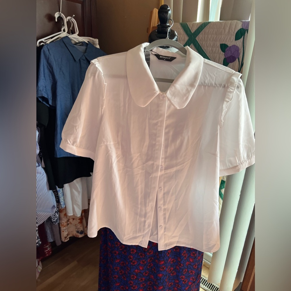 Allegra K light cream blouse with a ruffle sewn along puffy sleeves as accent.